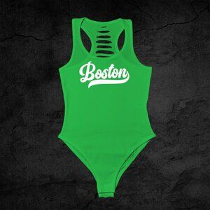 Womens Green Boston Handmade Script/Cursive Bodysuit, Boston Fan Gift